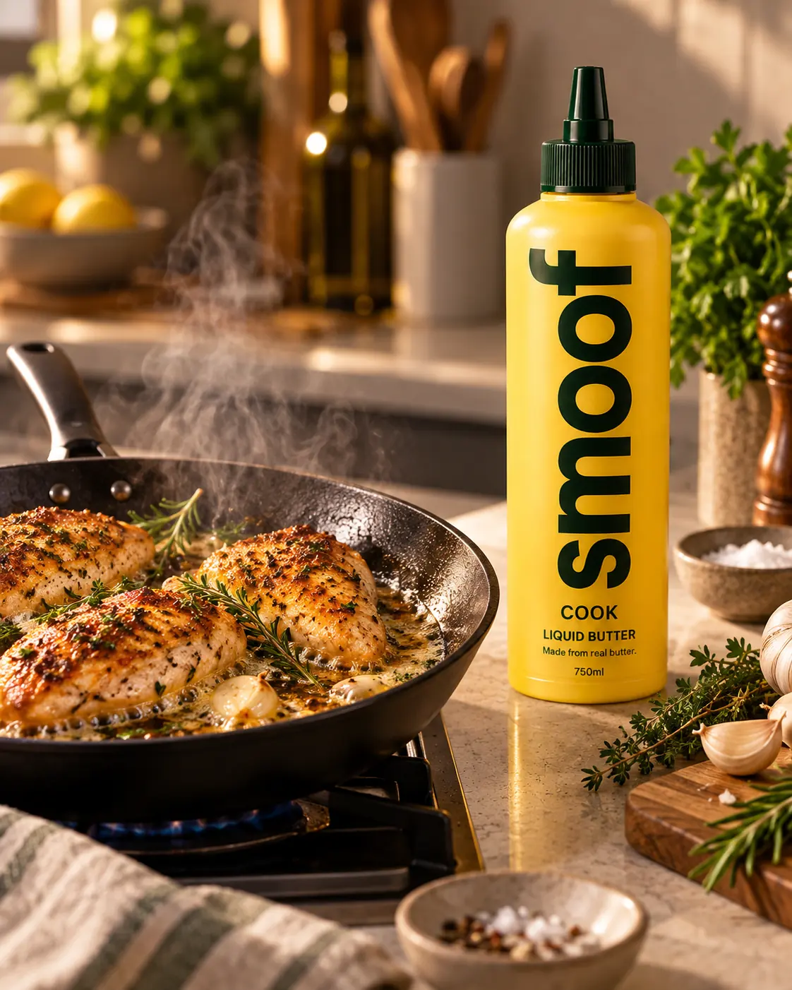 Chicken cooking in butter with the Smoof Cook bottle beside the pan