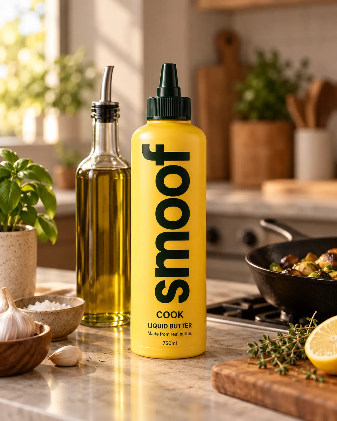 Smoof Cook bottle on a sunny kitchen counter beside roasted vegetables