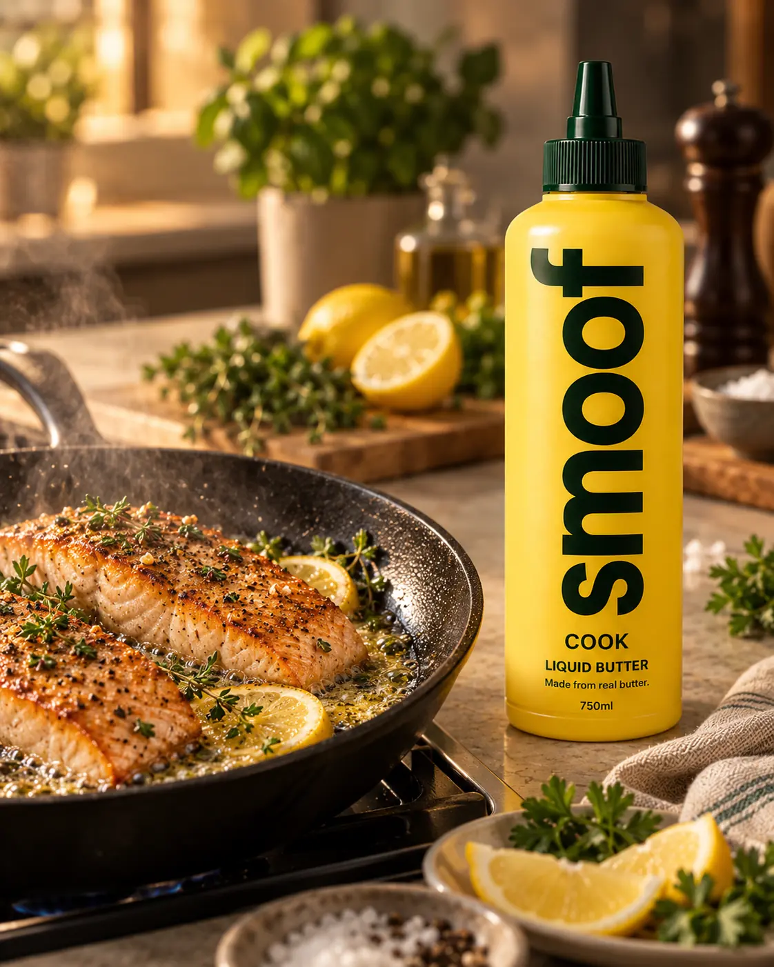 Seared salmon with lemon and herbs cooked in Smoof Cook liquid butter