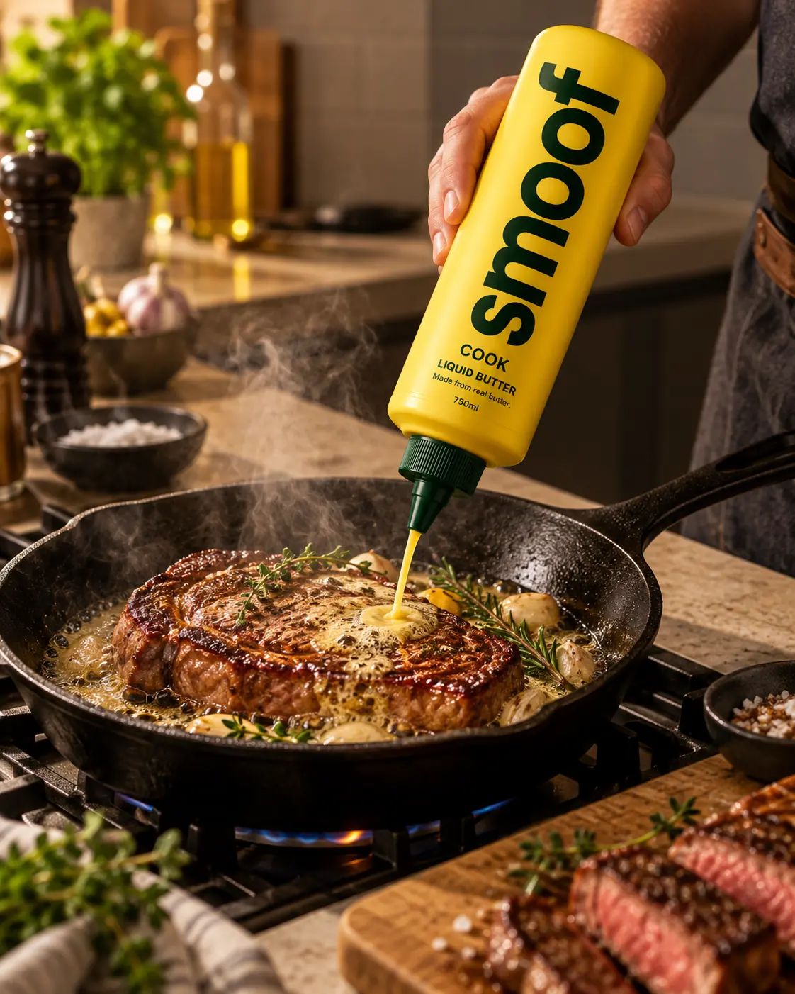 Smoof Cook liquid butter squeezed over steak in a cast-iron pan