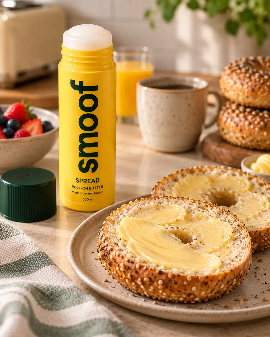 Smoof Spread bottle beside a buttered bagel at breakfast