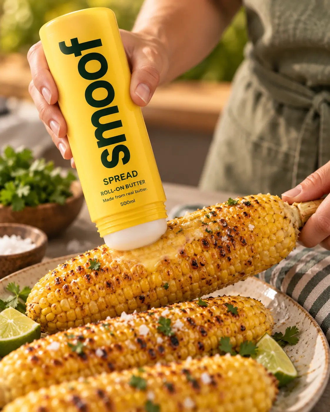 Smoof Spread roll-on butter applied to a charred corn on the cob