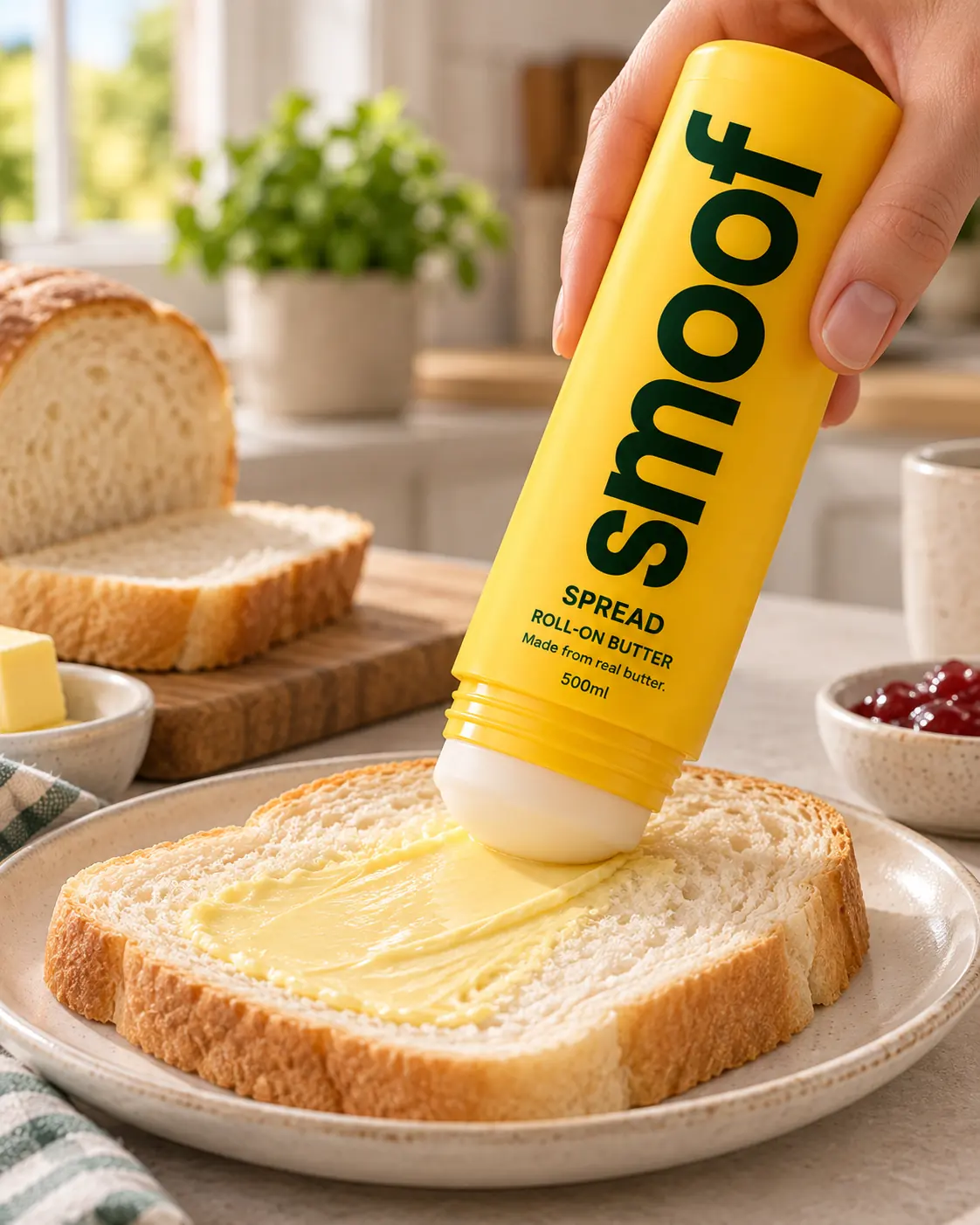 Smoof Spread roll-on butter being rolled onto a fresh slice of white bread